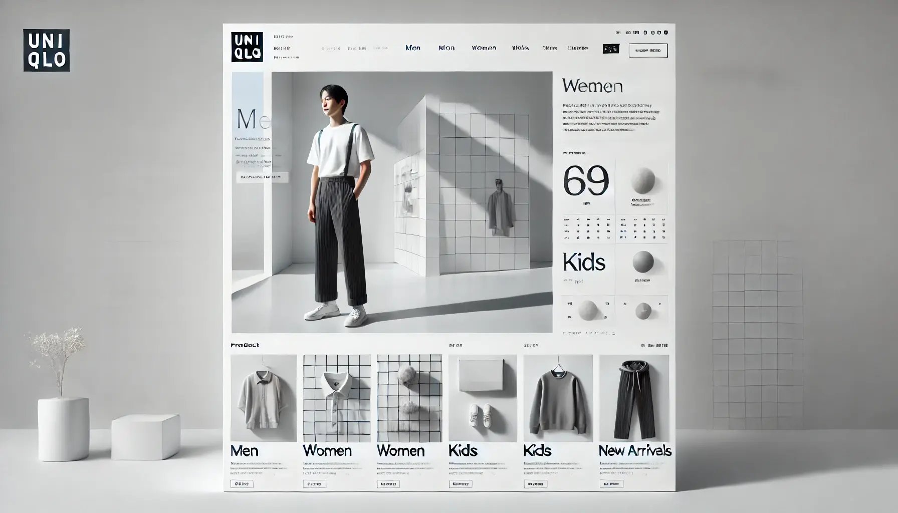 DALL·E 2025-02-11 12.58.40 - A minimalist e-commerce website layout inspired by Uniqlos design. The homepage features a full-width hero banner with a single product image and sim